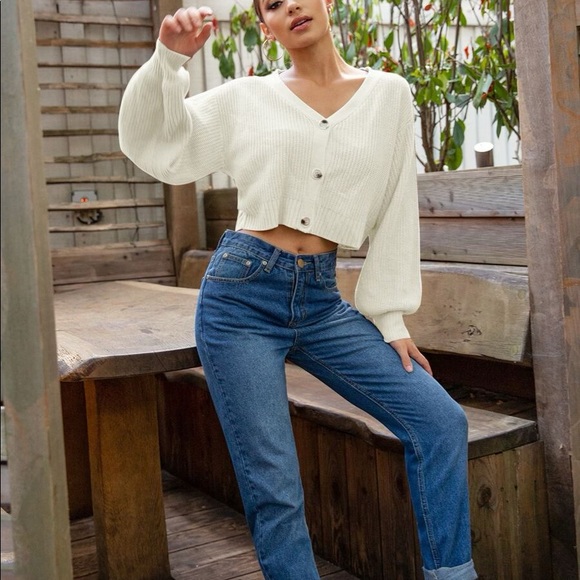 SHEIN white bishop sleeve button sweater - Picture 2 of 3